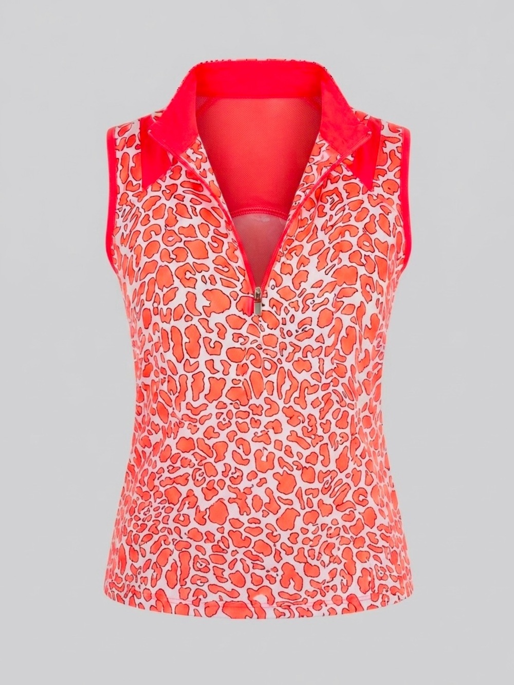 TAIL Golf Sleeveless Active Polo | Neon Orange Leopard Print (1/4 Zip Athletic